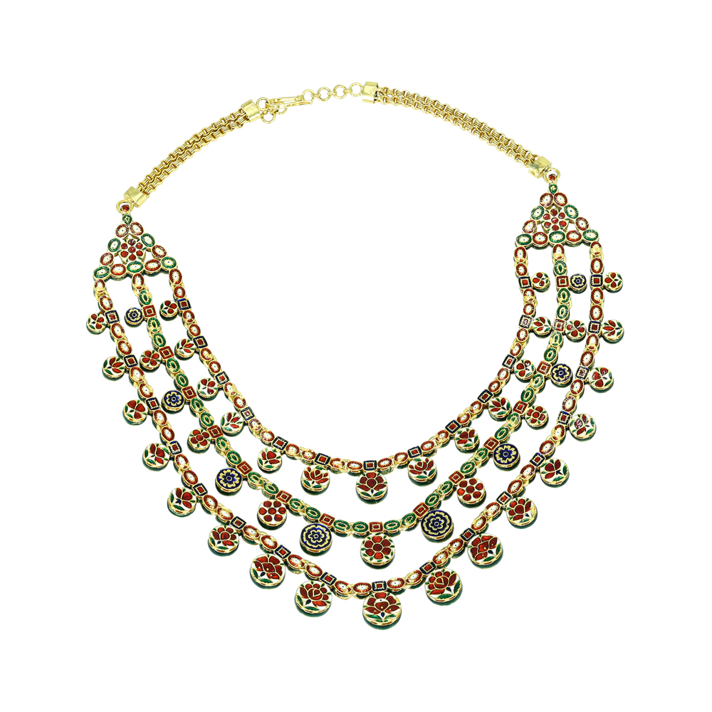 Layered Polki Necklace Set with Red Enamel and Circular Motifs